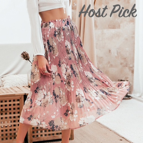 Rouge! Dresses & Skirts - Pleated Floral Print High Waist Midi Pink Skirt